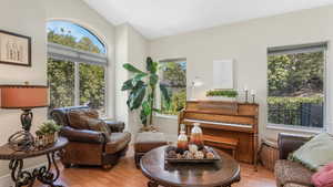 Living area with light wood finished floors and vaulted ceiling