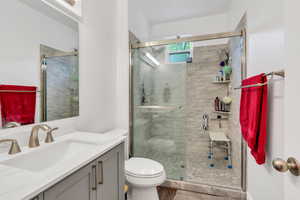 Bathroom with a shower stall, vanity, toilet, and wood finished floors