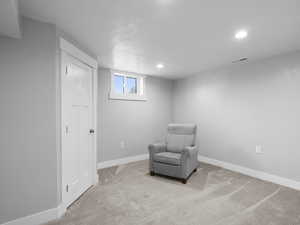 Unfurnished room with recessed lighting, baseboards, and carpet floors