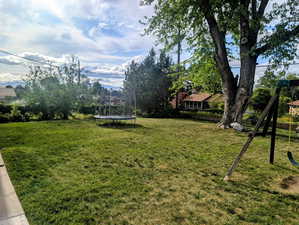 View of green lawn featuring a trampoline