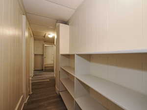 Unit 2 hallway with storage and bookshelfs