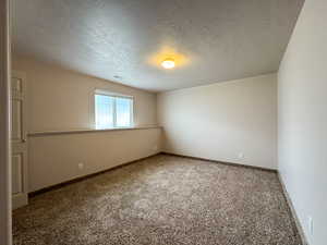 Spare room featuring carpet, a textured ceiling, and baseboards