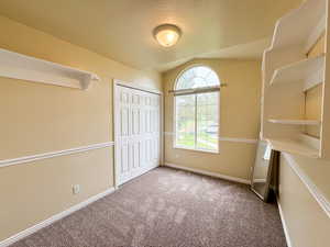 Unfurnished bedroom featuring carpet floors, baseboards, a closet, and a textured ceiling