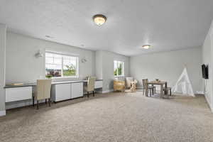 Recreation room featuring an office area, a textured ceiling, baseboards, and carpet floors
