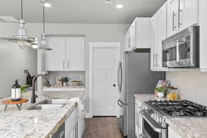 Kitchen with stainless steel appliances, a sink, white cabinets, decorative backsplash, and recessed lighting