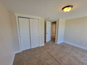 Unfurnished bedroom with carpet flooring, a textured ceiling, baseboards, and a closet