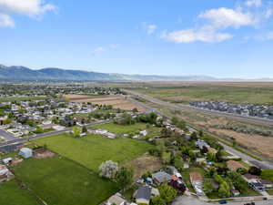 Aerial perspective of suburban area with mountains