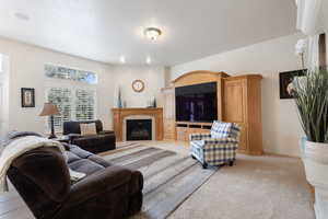 Living room featuring a fireplace, light colored carpet, and baseboards