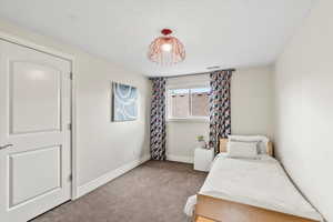 Bedroom with carpet floors and baseboards