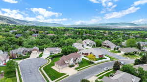 Aerial perspective of suburban area featuring mountains