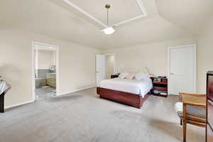 Carpeted bedroom with baseboards, connected bathroom, and a tray ceiling