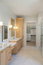 Bathroom with a walk in closet, a shower stall, and vanity