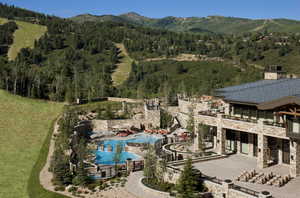 Bird's eye view of a mountainous background, a pool, and a forest