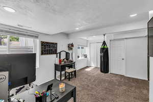 Carpeted living area with a textured ceiling, recessed lighting, and baseboards