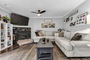 Living room featuring ornamental molding, ceiling fan, dark wood-type flooring, and a fireplace