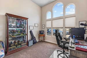 Office featuring carpet flooring, healthy amount of natural light, a towering ceiling, and baseboards