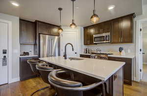 Kitchen featuring stainless steel appliances, a sink, dark brown cabinetry, light wood-style floors, and recessed lighting
