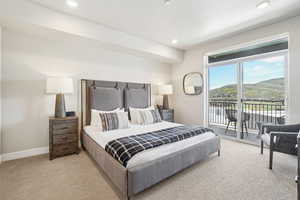 Bedroom with carpet floors, access to outside, recessed lighting, and baseboards