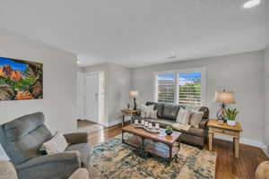 Living room featuring baseboards, wood finished floors, and recessed lighting