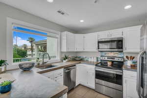 Kitchen with appliances with stainless steel finishes, a sink, recessed lighting, and white cabinets