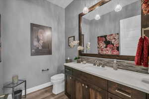 Bathroom featuring decorative backsplash, wood finished floors, vanity, baseboards, and toilet