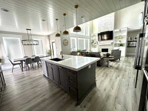 Kitchen featuring a sink, dishwasher, a stone fireplace, light wood-style flooring, and a chandelier