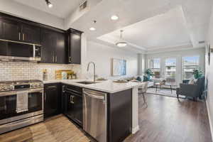 Kitchen with appliances with stainless steel finishes, a sink, a raised ceiling, open floor plan, and a peninsula