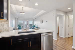 Kitchen with stainless steel dishwasher, dark cabinetry, a raised ceiling, open floor plan, and a sink