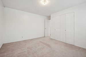 Unfurnished bedroom featuring carpet, a closet, and a textured ceiling