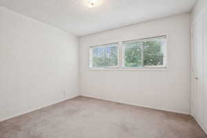 Unfurnished room with light colored carpet and a textured ceiling
