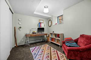 Sitting room featuring carpet floors, a textured ceiling, baseboard heating, and baseboards