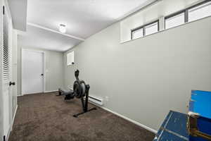 Workout area with a textured ceiling, healthy amount of natural light, carpet, and baseboard heating