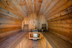 Relaxing sauna featuring wooden walls and wood ceiling