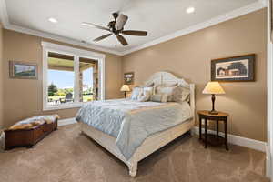 Bedroom with carpet flooring, baseboards, ornamental molding, recessed lighting, and ceiling fan