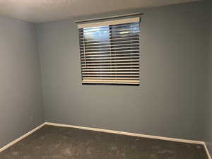 Empty room with dark carpet, baseboards, and a textured ceiling