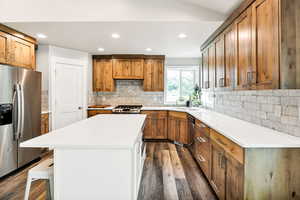 Kitchen with stainless steel appliances, a sink, dark wood-style flooring, recessed lighting, and tasteful backsplash