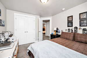 Bedroom featuring carpet flooring, a closet, and a textured ceiling