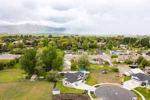 Aerial perspective of suburban area with mountains