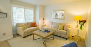 Living room with wood finished floors, healthy amount of natural light, and baseboards