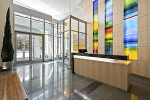 Welcome area featuring a towering ceiling
