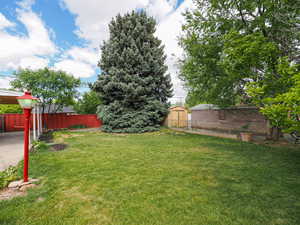 View of yard with a shed and an outdoor structure