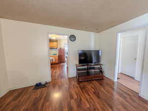 Living room with dark wood-style floors, a textured ceiling, and baseboards