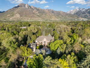 Aerial view of property's location with a heavily wooded area and a mountain backdrop