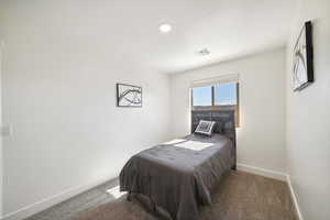 Bedroom featuring carpet flooring, baseboards, and recessed lighting