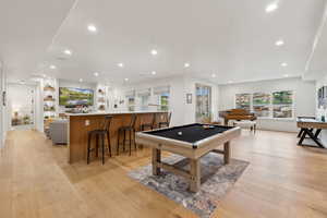 Game room featuring billiards, recessed lighting, and light wood-style floors