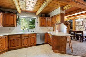 Kitchen featuring stainless steel dishwasher, a sink, a peninsula, wooden ceiling, and brown cabinets