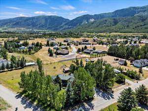 Aerial perspective of suburban area with a mountainous background