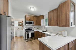 Kitchen with stainless steel appliances, a sink, light wood-style flooring, a peninsula, and lofted ceiling