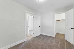 Unfurnished bedroom featuring carpet, baseboards, a spacious closet, and a closet