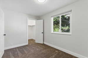 Unfurnished bedroom with carpet floors, baseboards, a spacious closet, and a closet